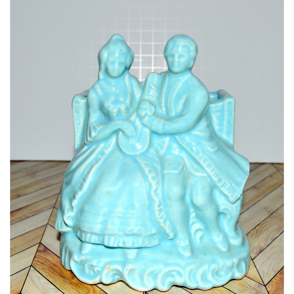 Vintage Art Pottery Romantic Victorian Courting Couple Planter Aqua